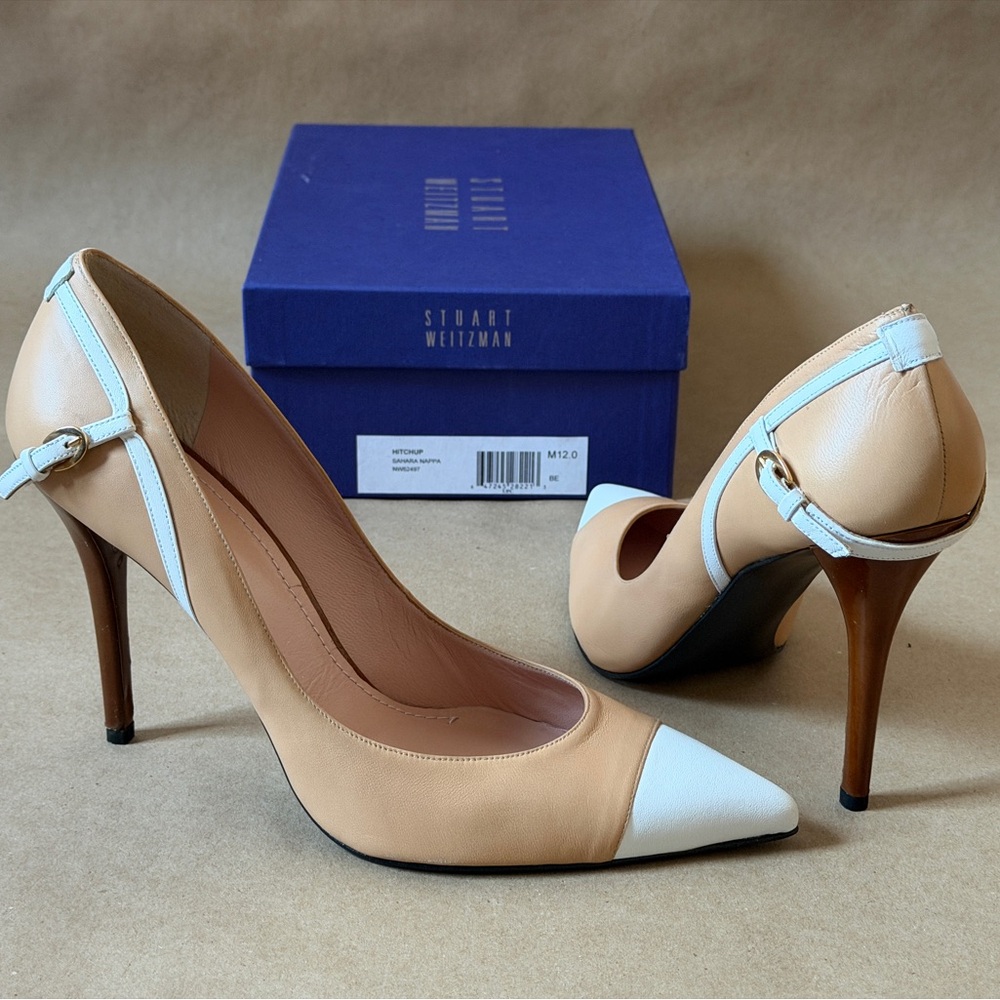 Stuart Weitzman Nude and White Hitchup Pointed Toe Leather Pumps